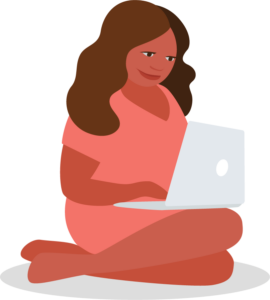 Illustration of woman with long hair, sitting on the ground, with her laptop on her knee