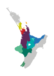 Colourful map of the North Island of NZ with shaded areas where Workwise services are available