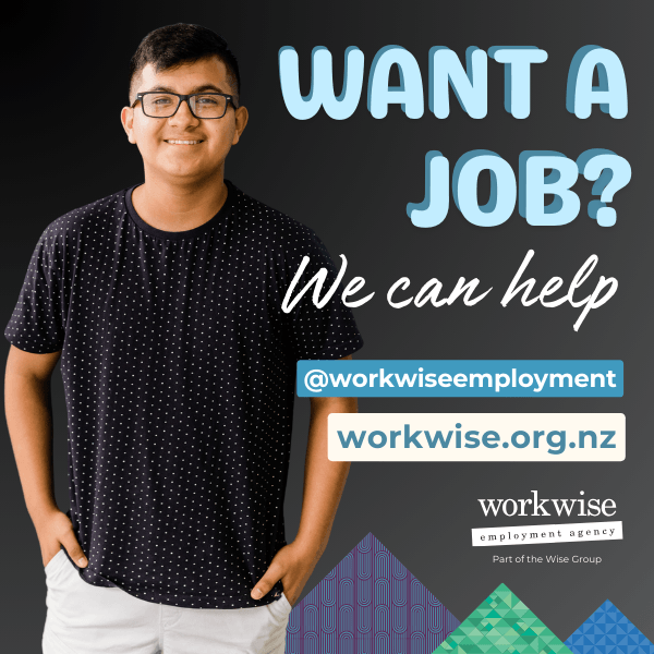 A young man with glasses and a black t-shirt with the words: Want a job? We can help, followed by Workwise logo and details.