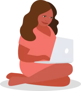 Illustration of woman with long hair, sitting on the ground, with her laptop on her knee