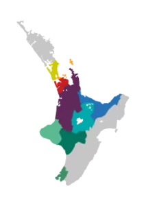 Colourful map of the North Island of NZ with shaded areas where Workwise services are available